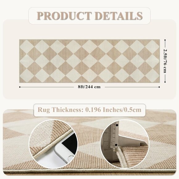 Beeiva Checkered Print Rug Runners Non Slip 2.5x8, Ultra Thin Beige Gingham - Picture 3 of 8